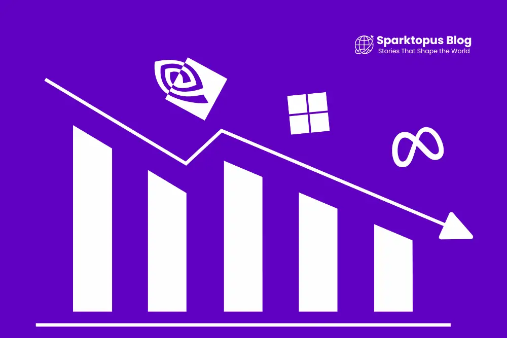 Illustration showing stock charts for Nvidia, Meta, and Microsoft trending downward, representing the impact of DeepSeek AI on U.S. tech stocks