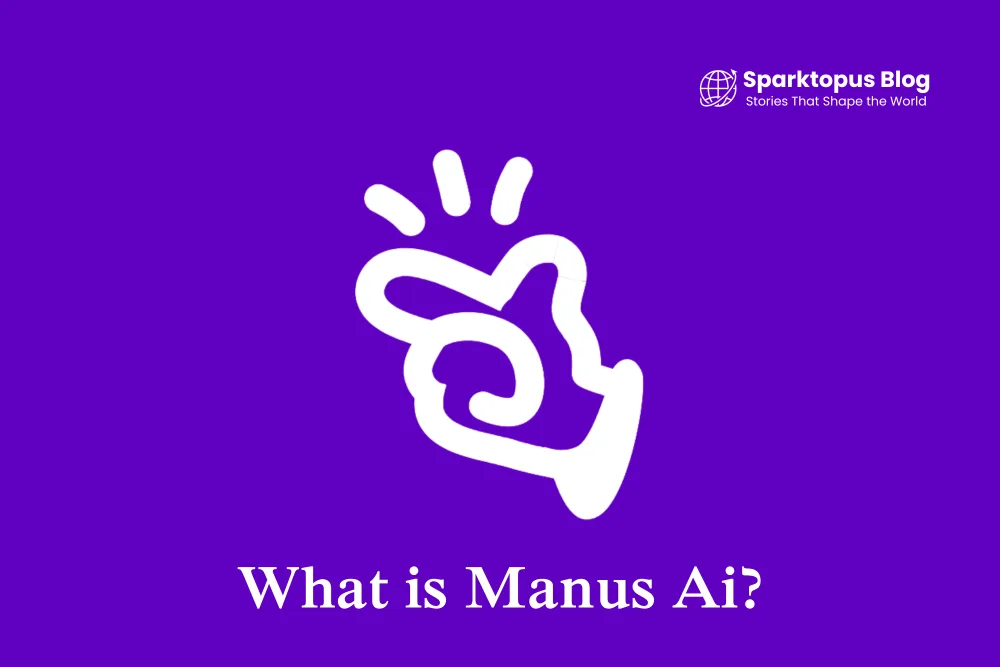 A purple background with Manus Ai logo "What is Manus Ai?" in white.